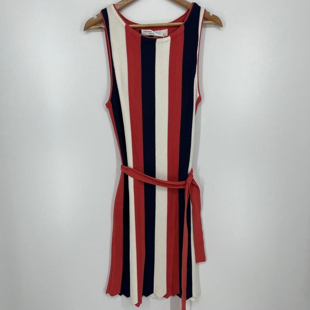 Trina Turk Womens Red White Blue Striped Knit Sleeveless Belted Dress Size S